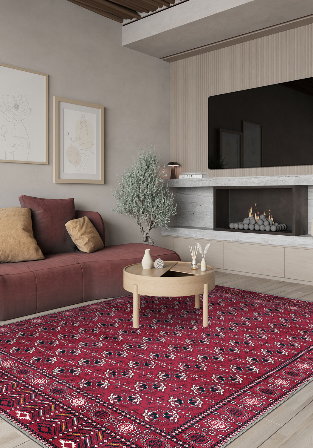 Burgundy rug for living room.