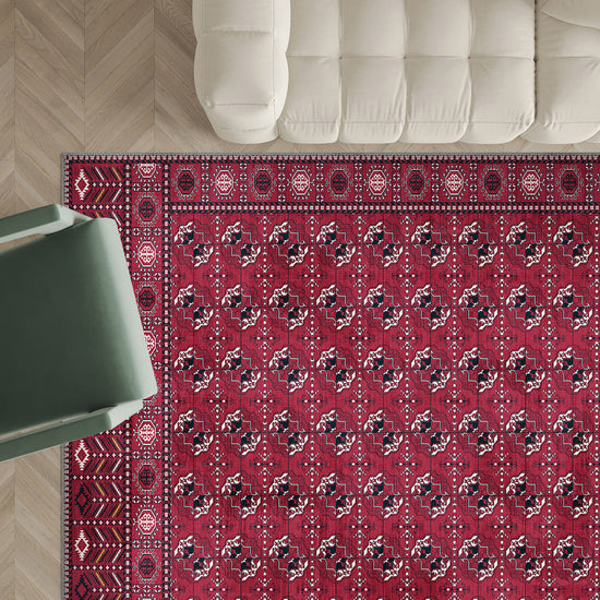 Pink bokhara rug for living room.