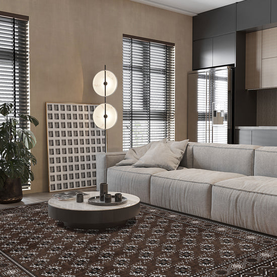 Brown bokhara rug for living room.