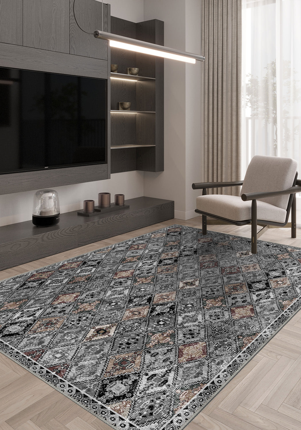 Grey vintage rug for living room.