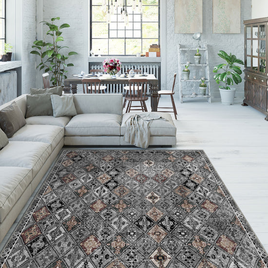Gray vintage rug for living room.