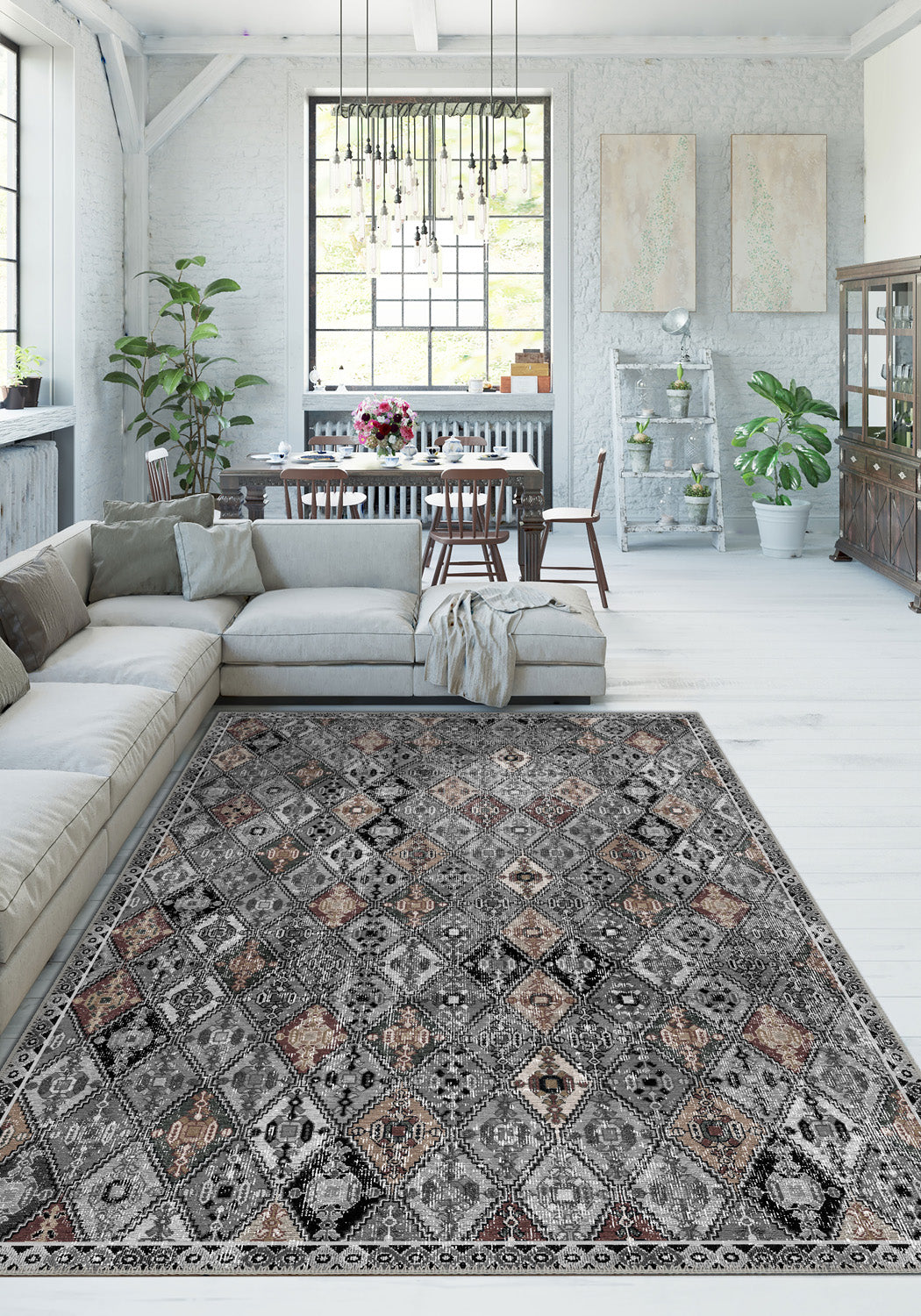 Gray vintage rug for living room.