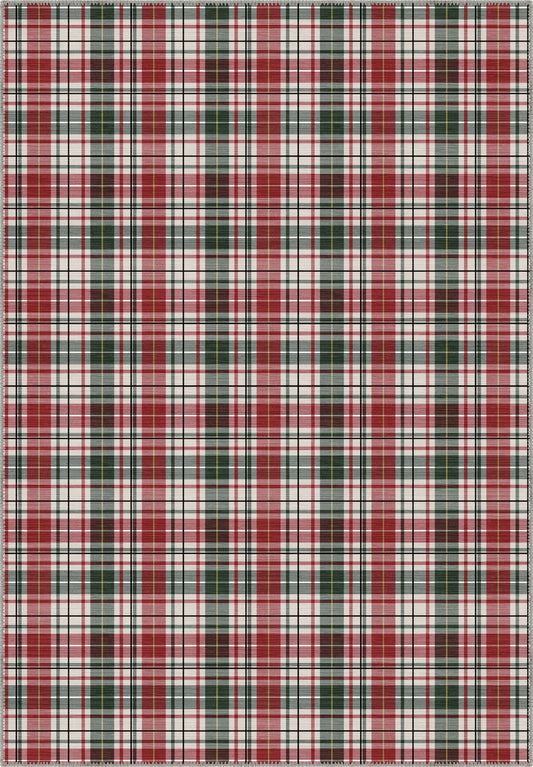 Tartan rug with red, green, and white colors.