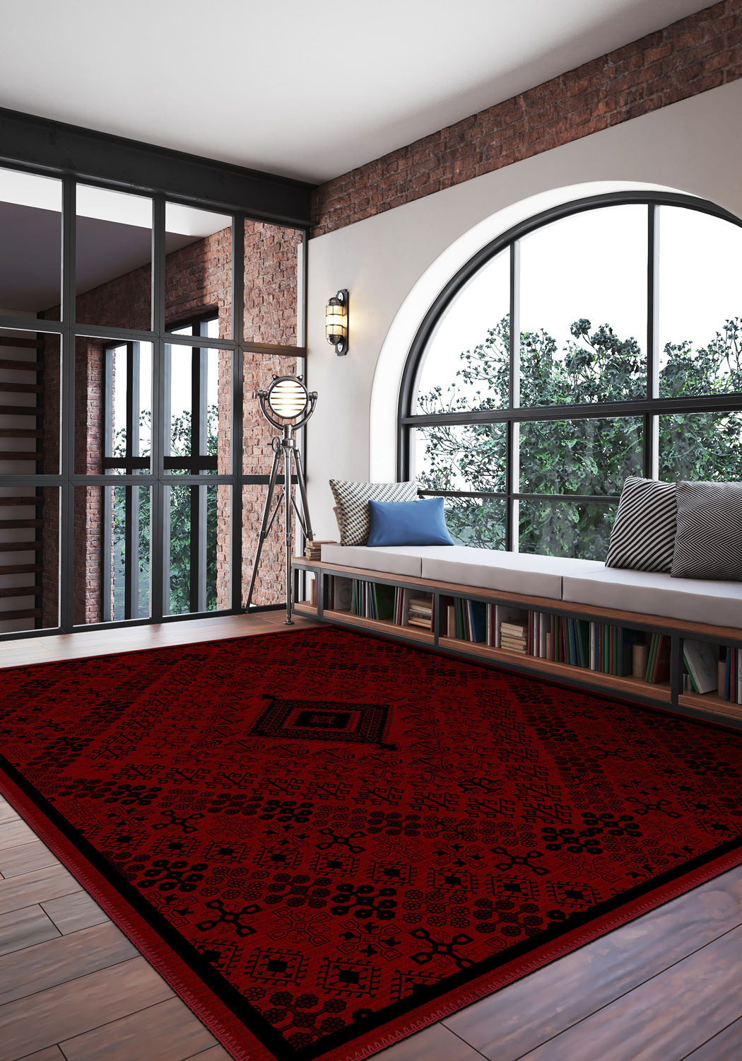 Red patterned rug for living room.