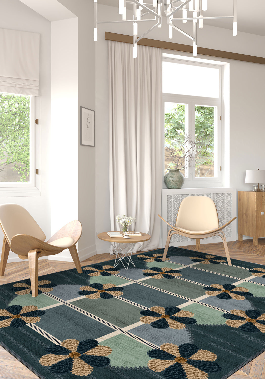 Living room with a patterned rug, chairs, and a window.