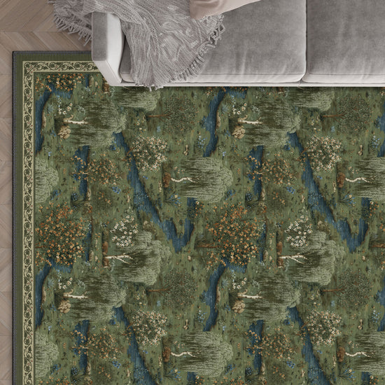 Decorative rug with nature-themed design on a wooden floor