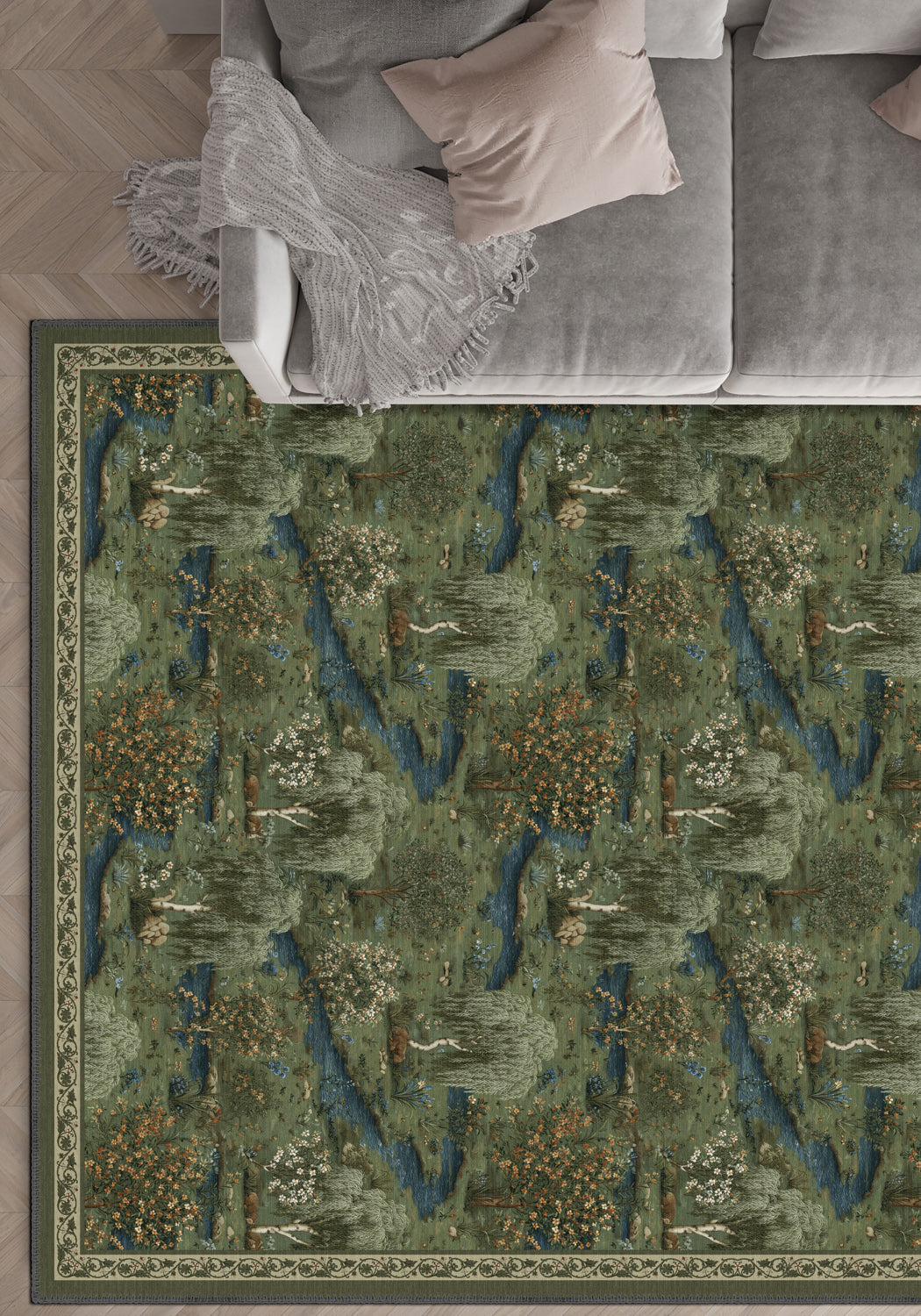 Decorative rug with nature-themed design on a wooden floor