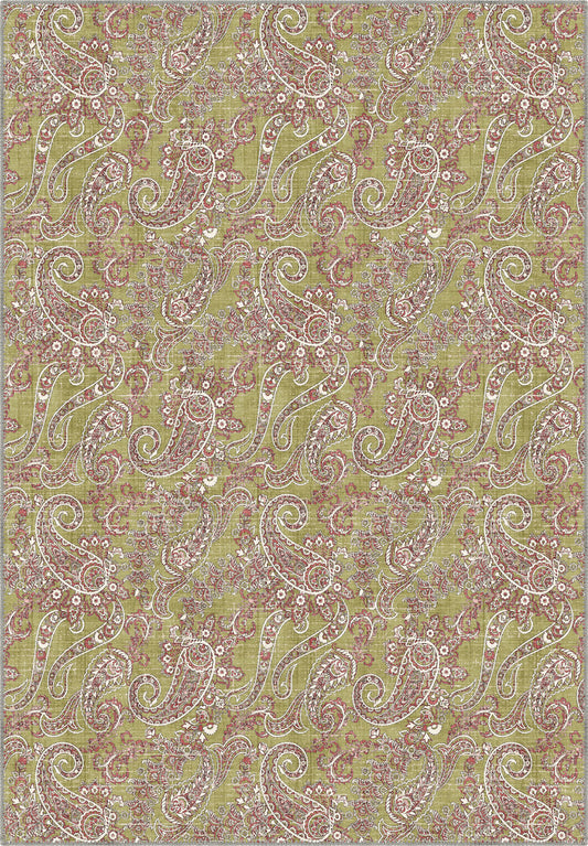 Olive green paisley rug for living room.