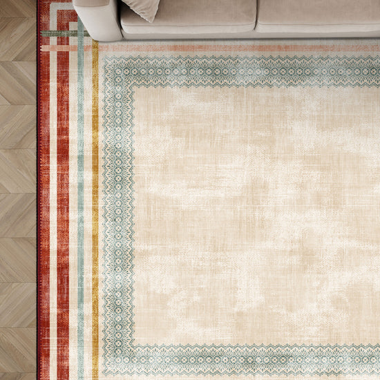 Cream geometric rug for living room.