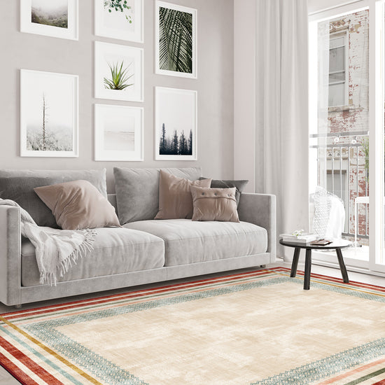 Colorful striped rug for living room.