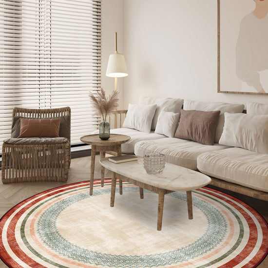 Cream round rug for living room.