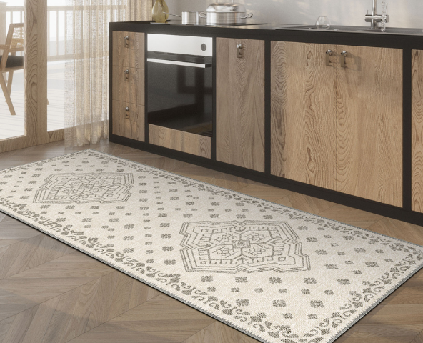 Off-white rug in kitchen
