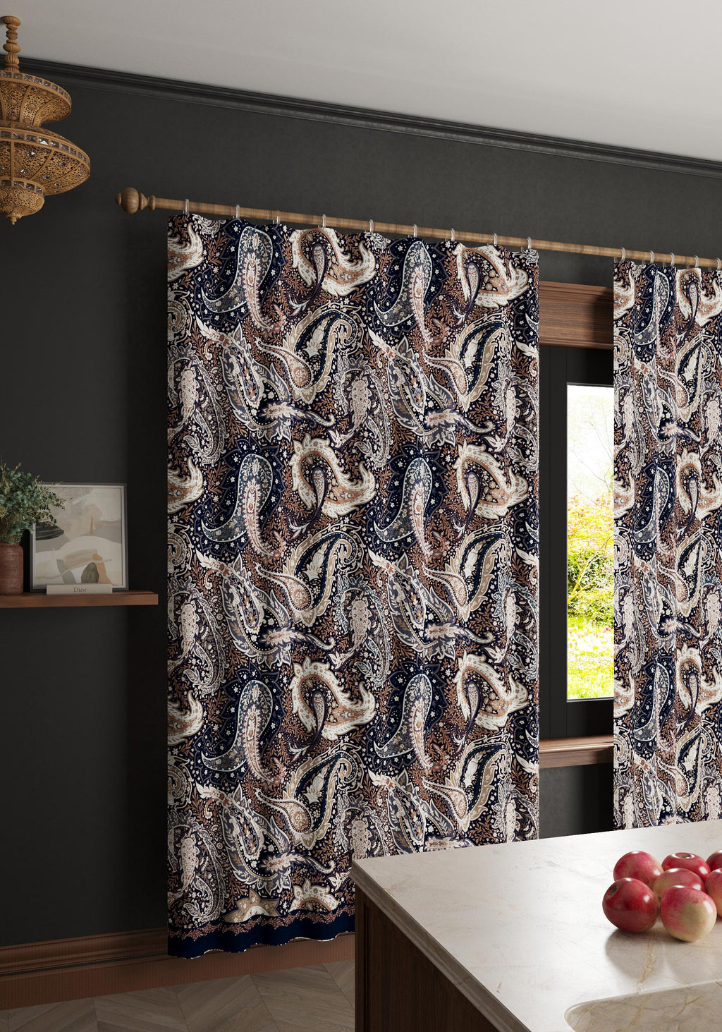 Tavira Navy Brown Paisley Curtain