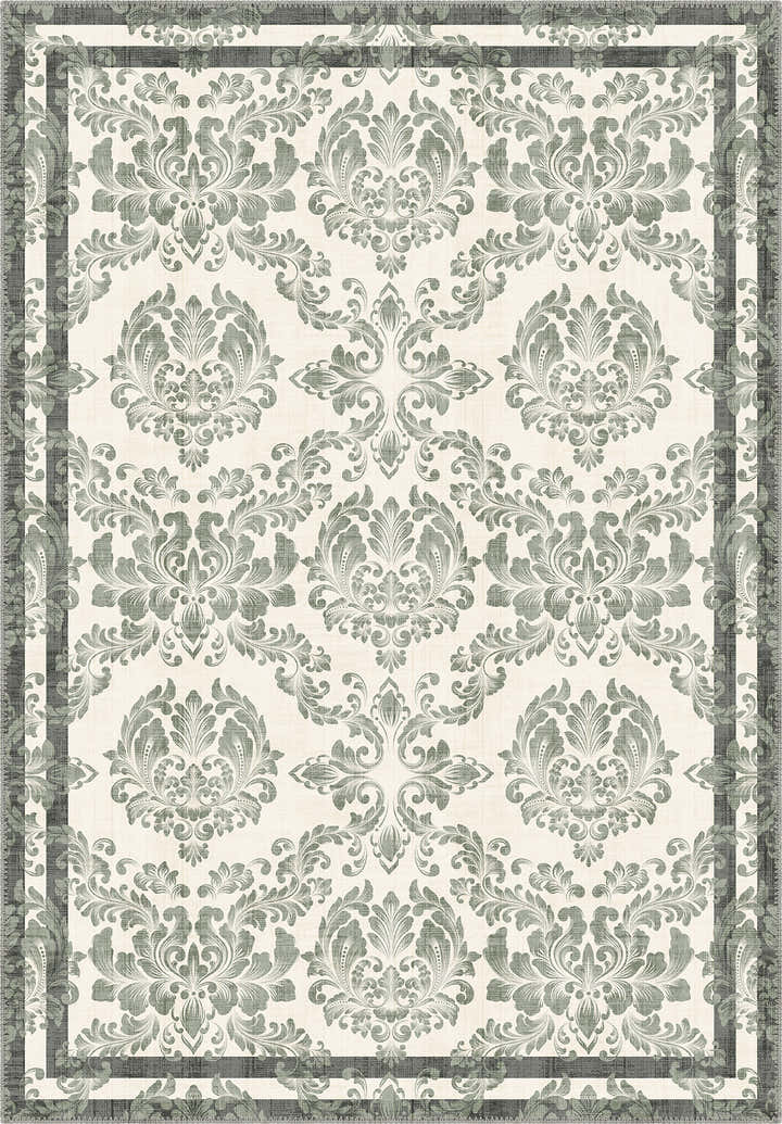 Green floral rug with damask pattern.