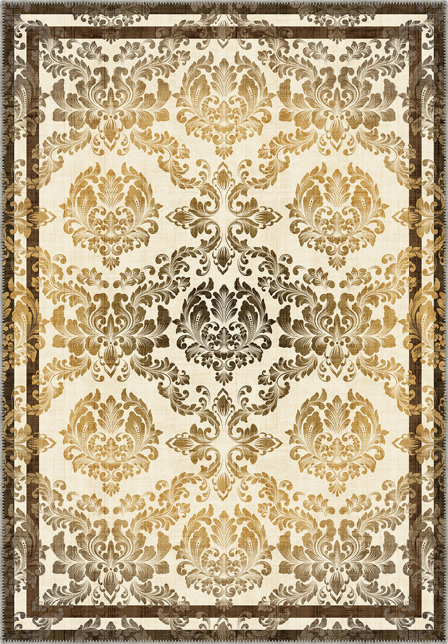 Damask rug in cream, gold and brown.