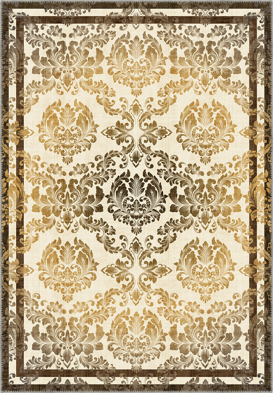 Damask rug in cream, gold and brown.
