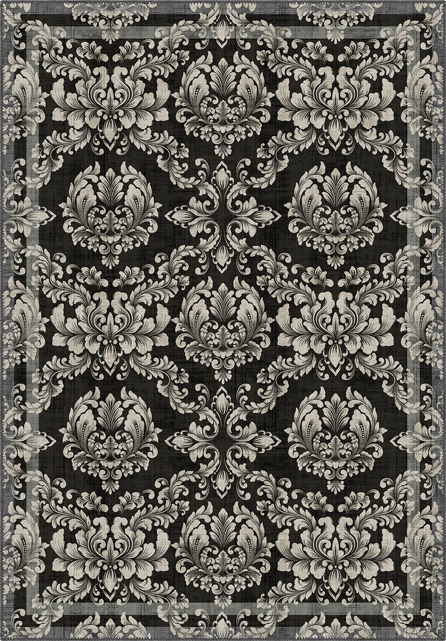 Black gothic rug with damask pattern.