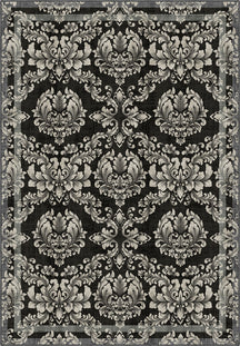 Black gothic rug with damask pattern.