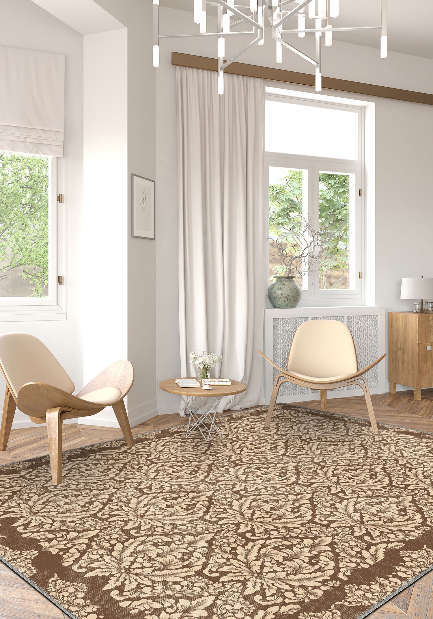Modern living room with patterned rug, chairs, and large windows.