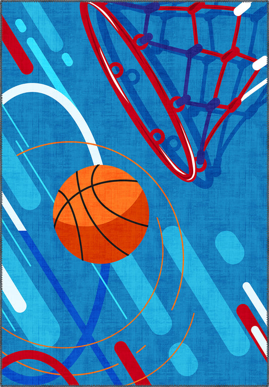Blue basketball rug for kids rooms and playrooms.