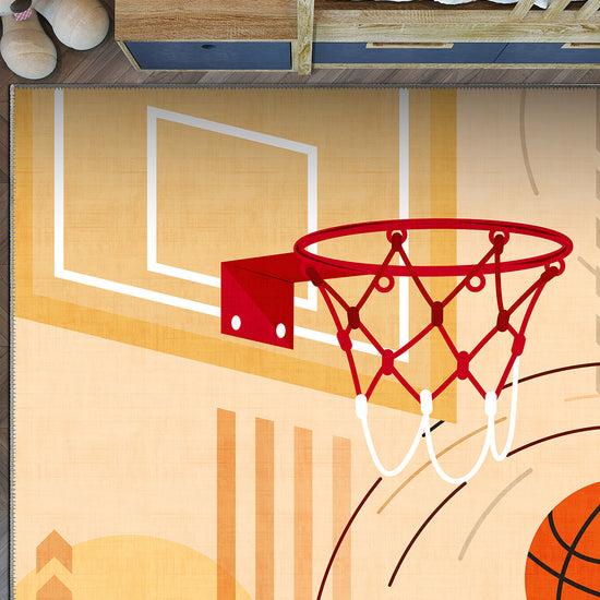 Basketball themed rug for kids room.