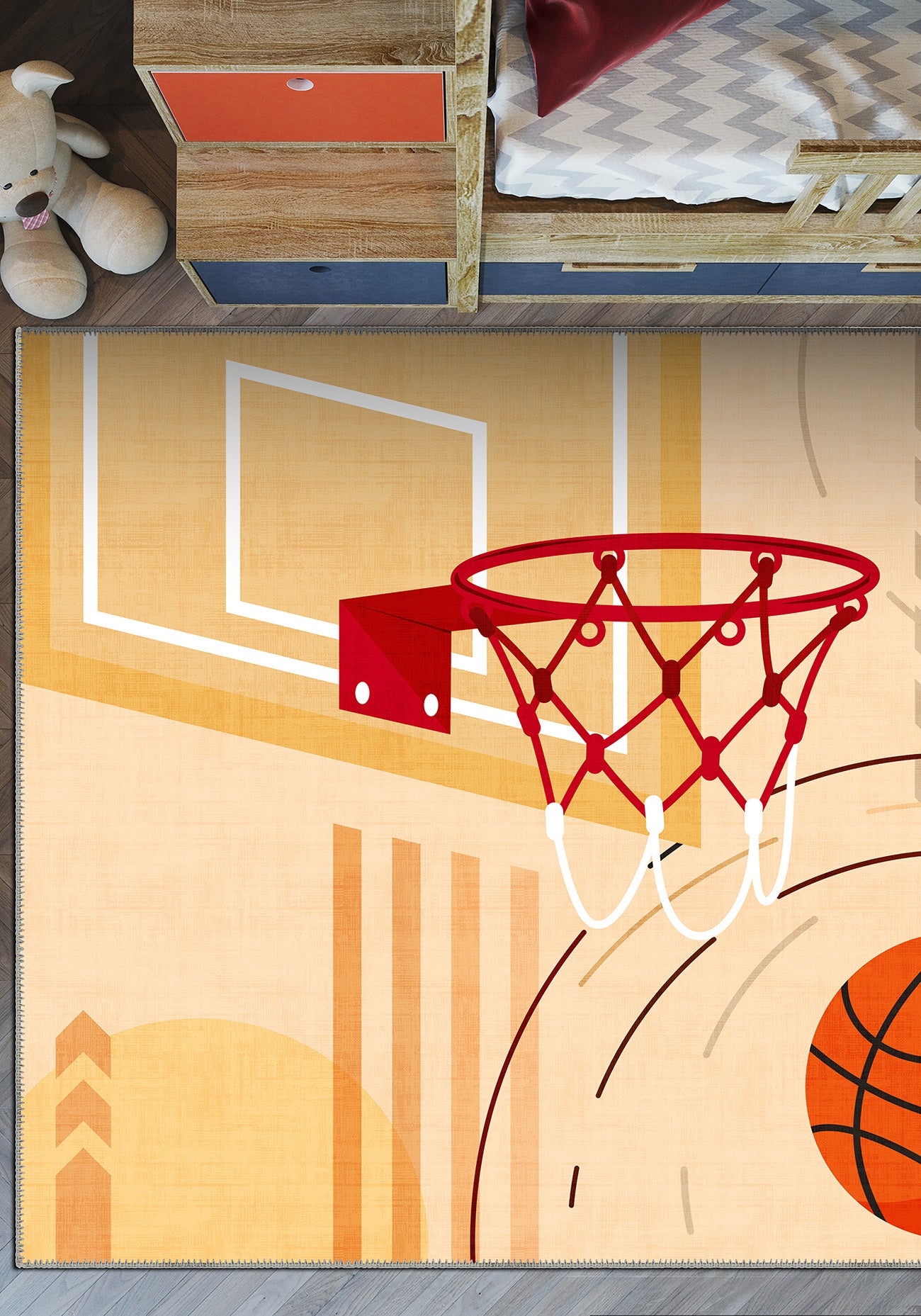 Basketball themed rug for kids room.