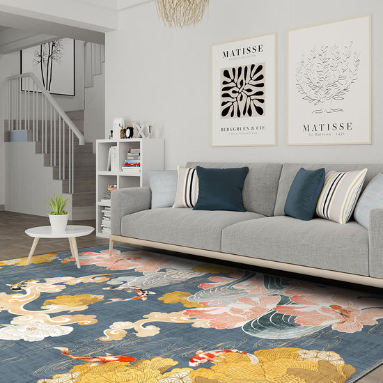 Decorative koi rug with floral design for a living room.