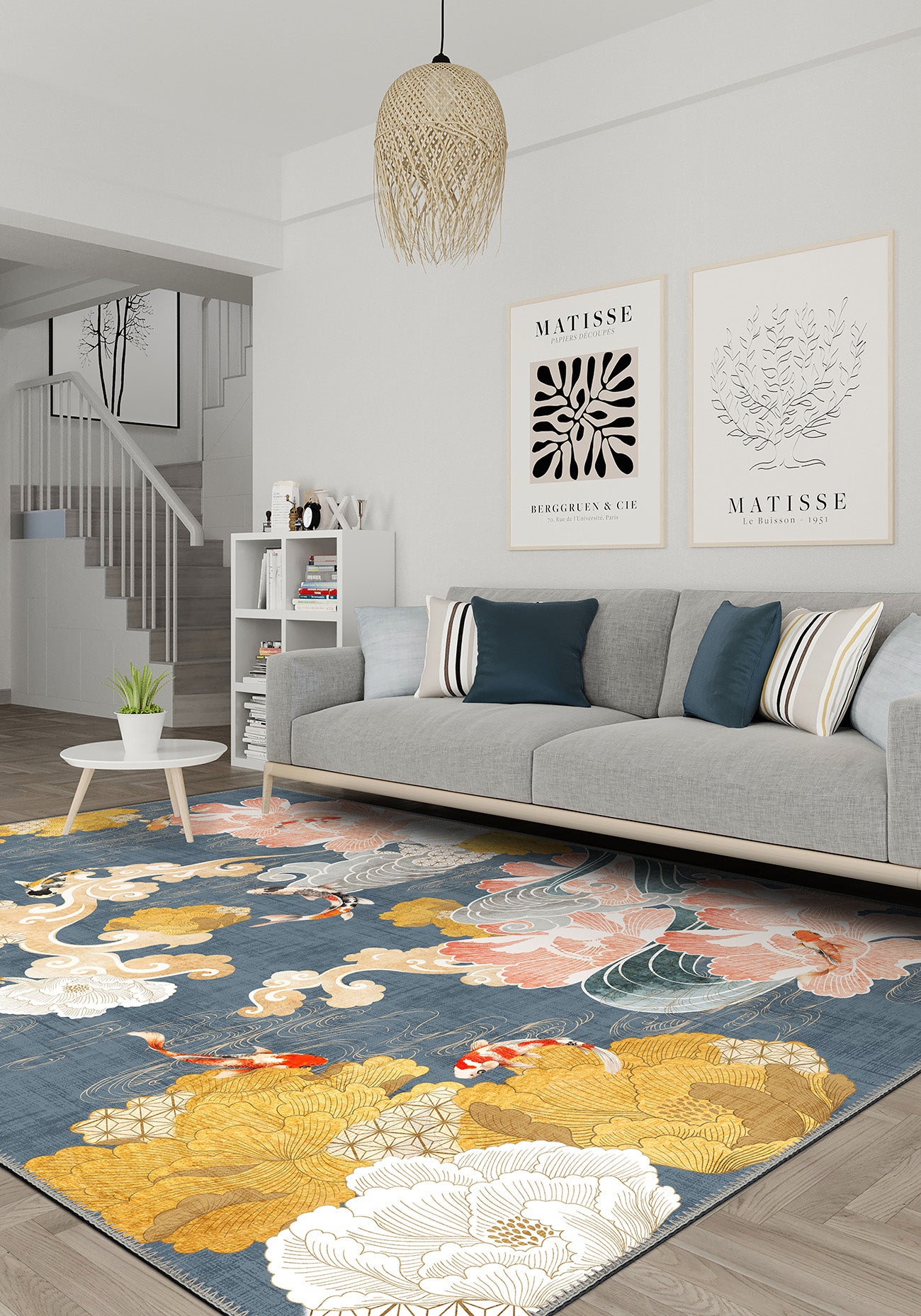 Decorative koi rug with floral design for a living room.