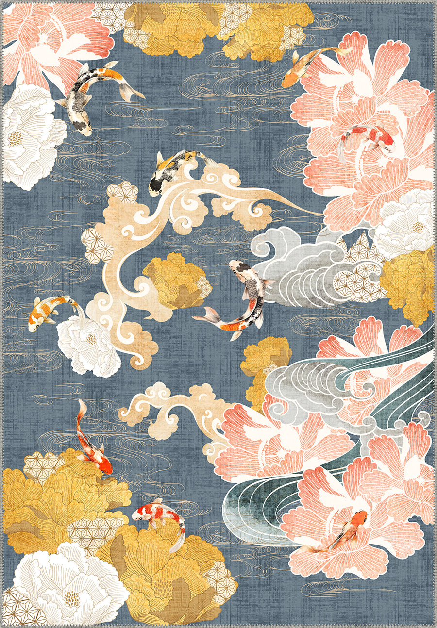 Decorative rug with floral and koi fish design on a blue background