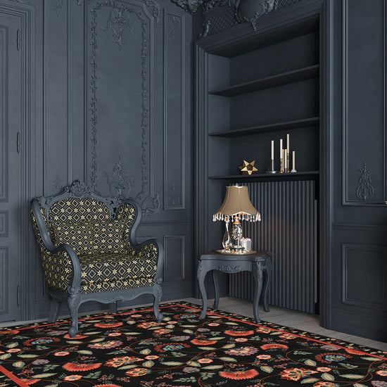 Black floral rug for living room.