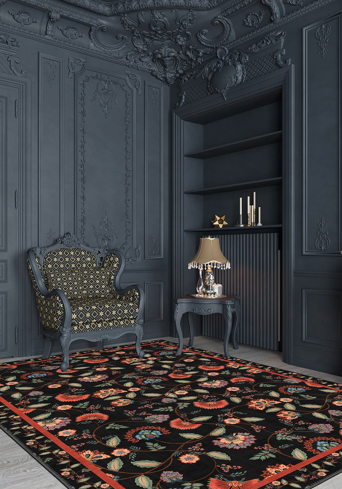 Black floral rug for living room.