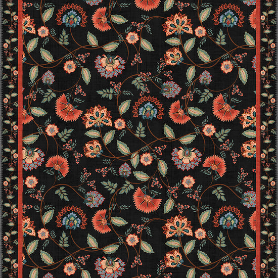 Black floral rug.