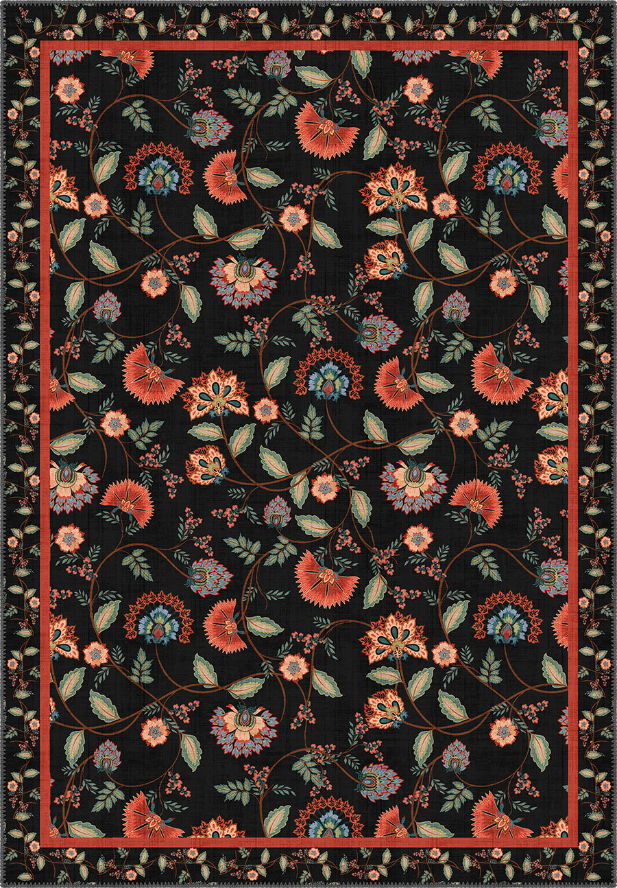 Black floral rug.