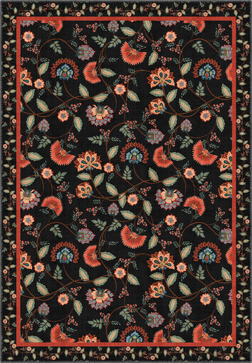 Black floral rug.