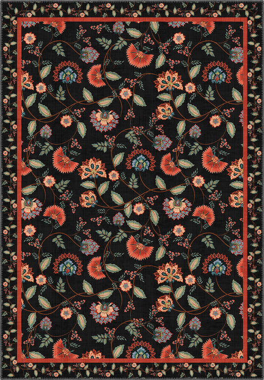 Black floral rug.
