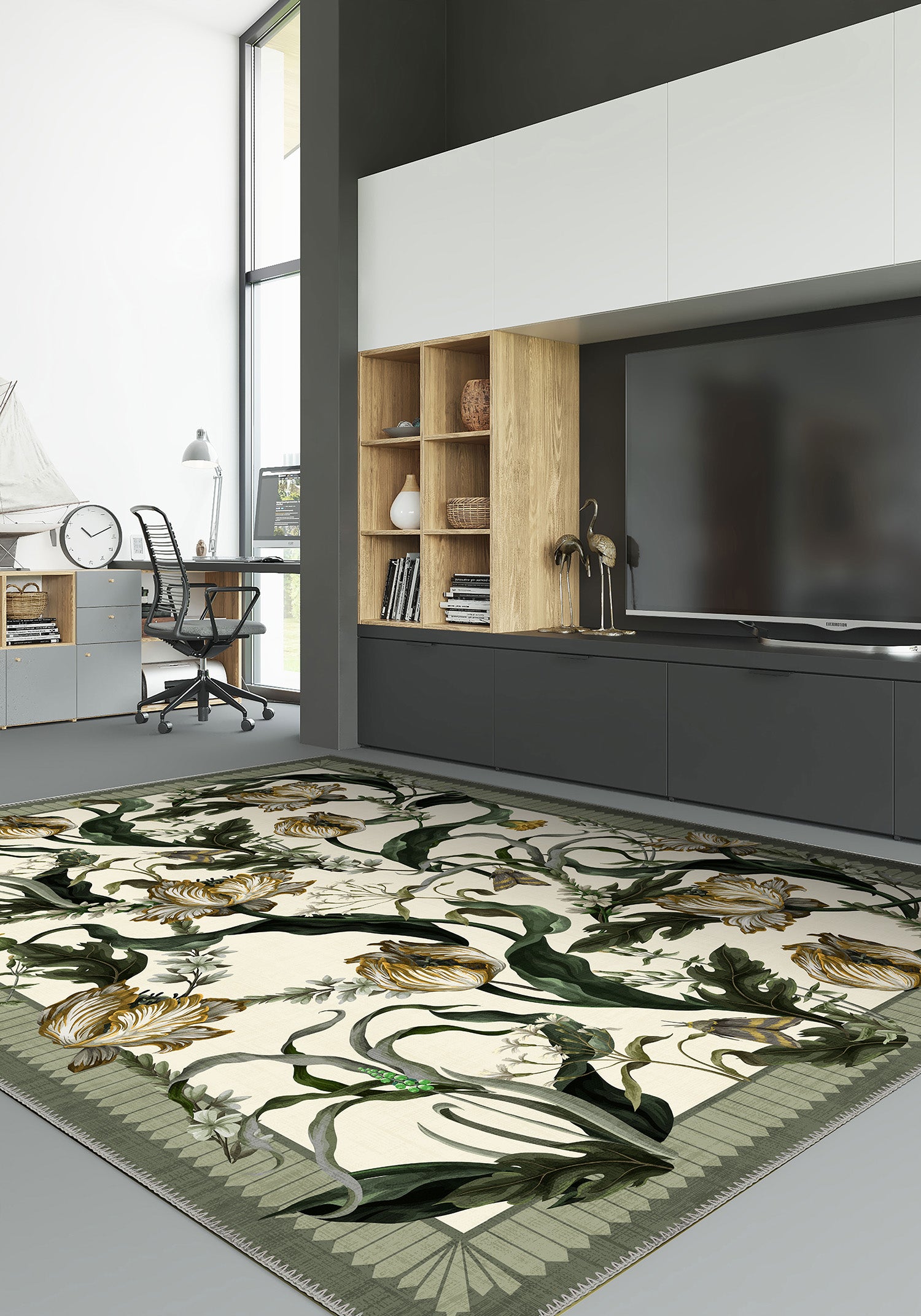 Ivory floral rug for living room.