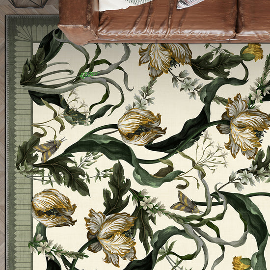 Green white floral rug for living room.