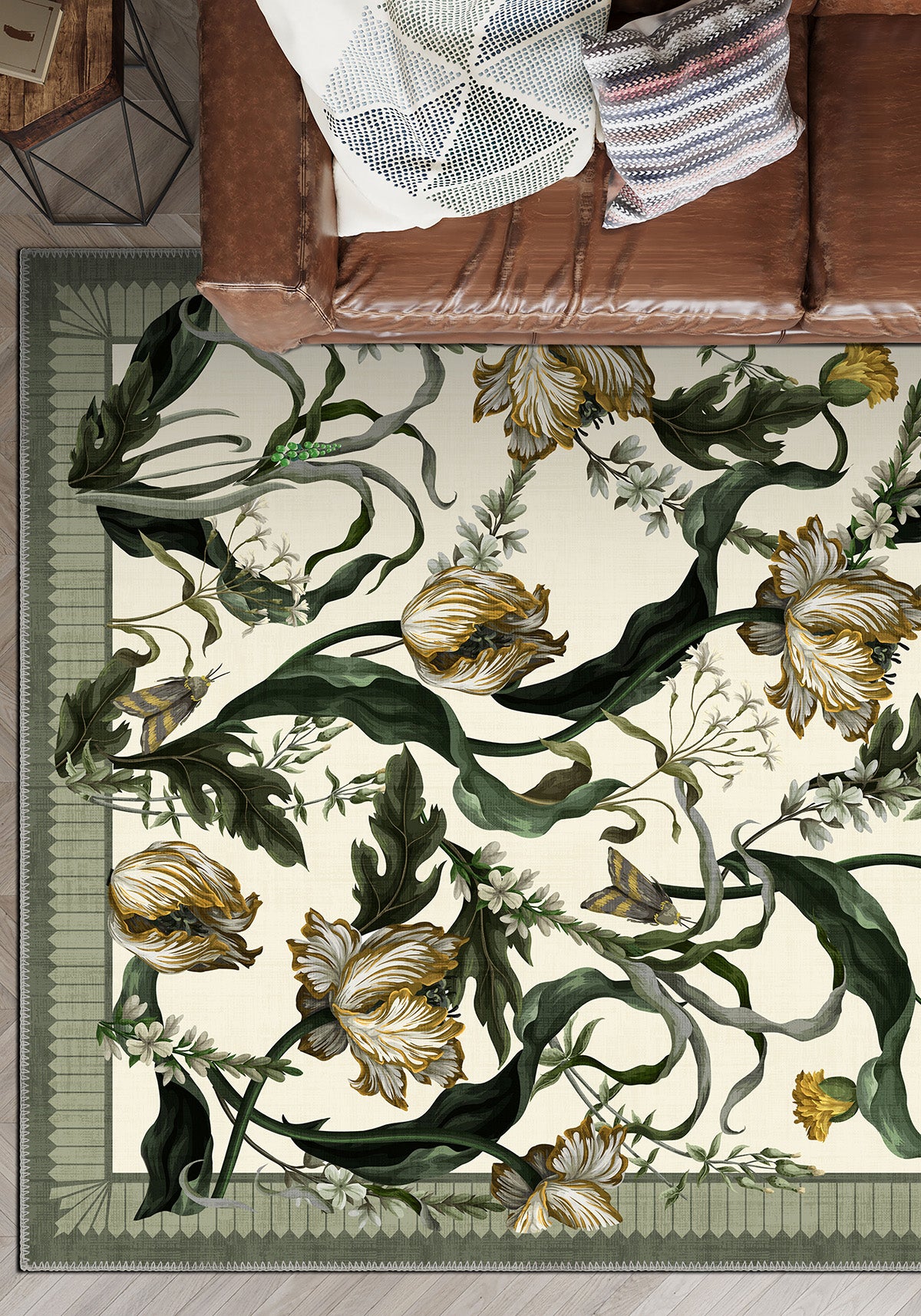 Green white floral rug for living room.