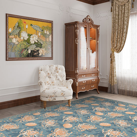 Floral blue rug for living room.