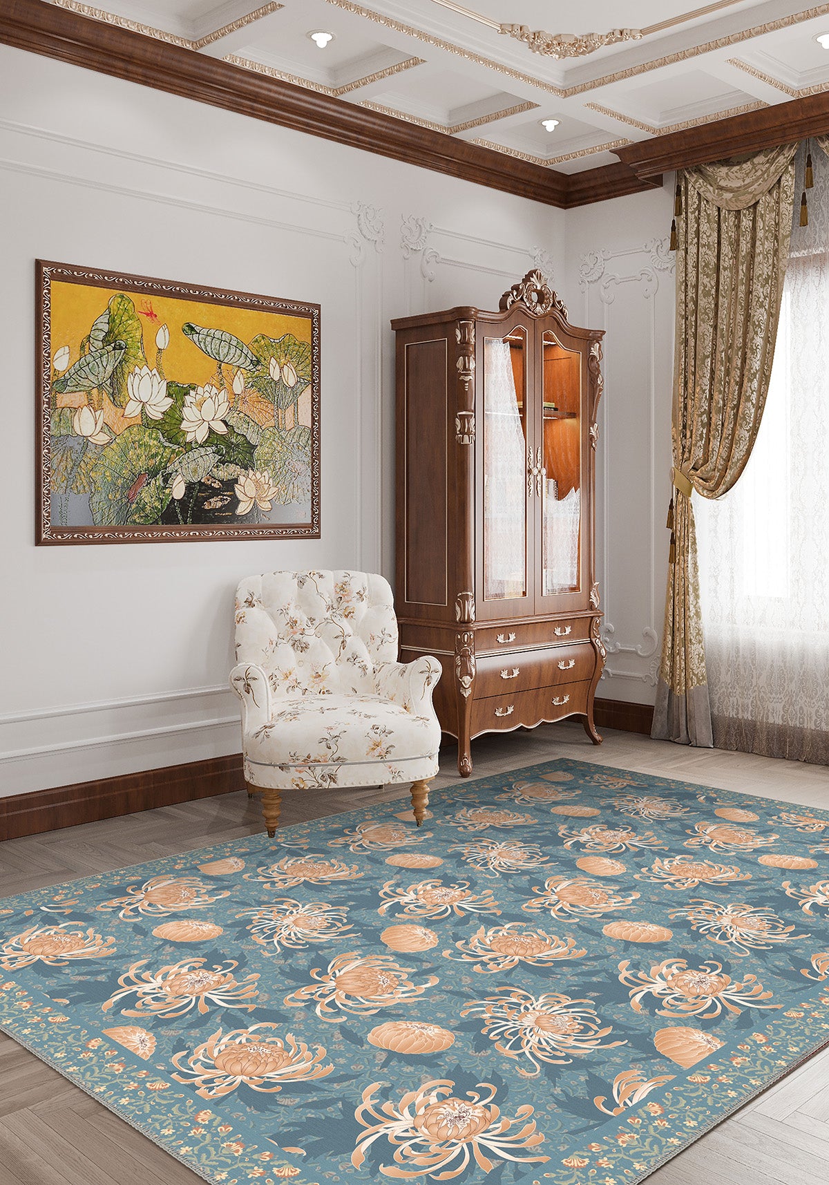 Floral blue rug for living room.