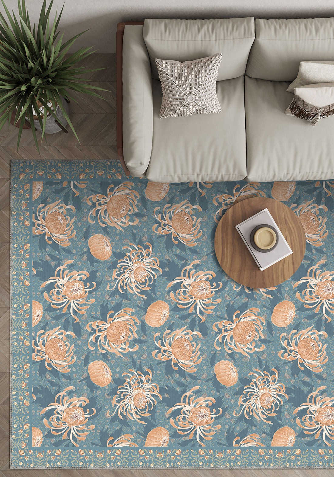 Blue floral rug for living room.