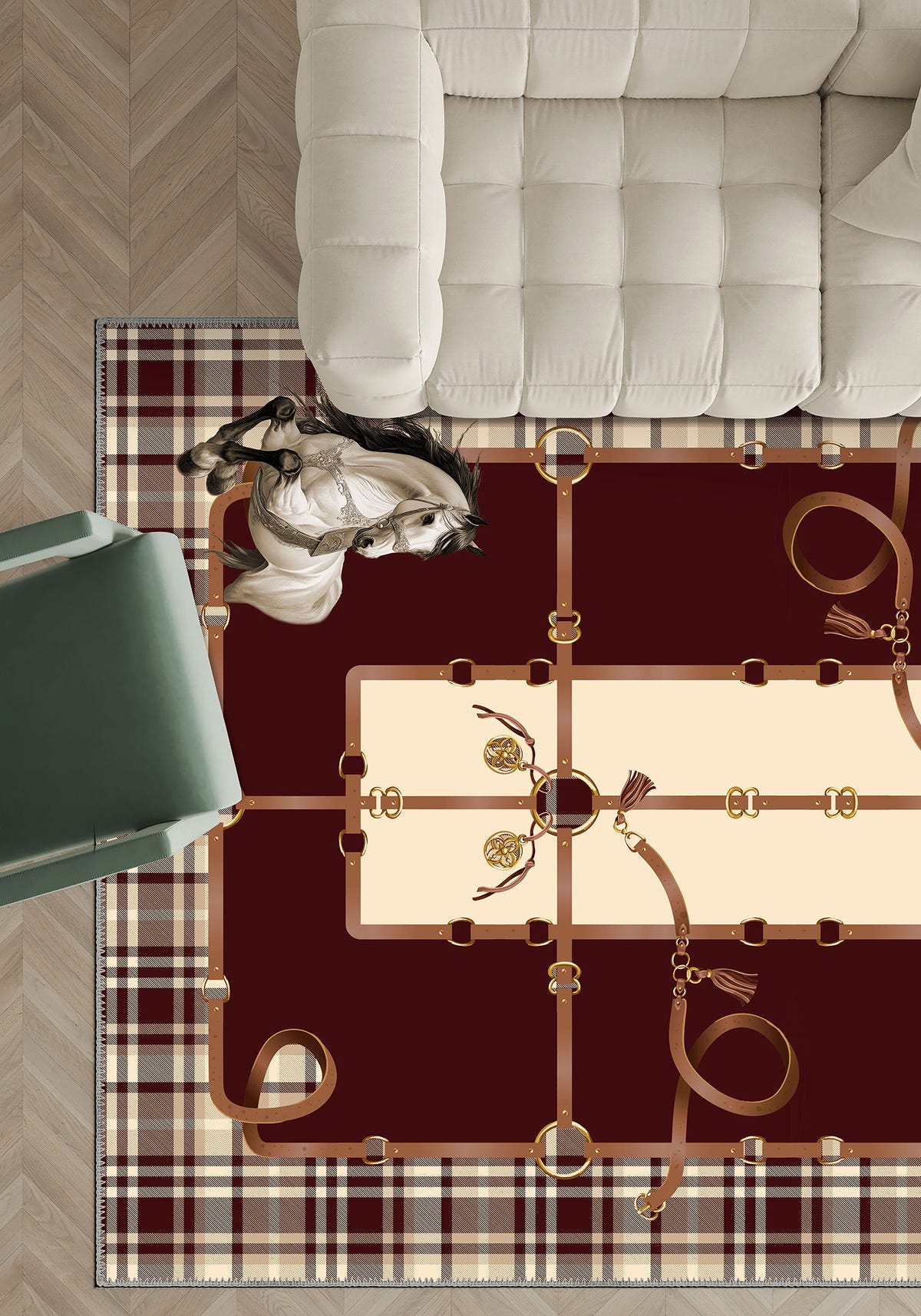 Burgundy plaid rug for living room.