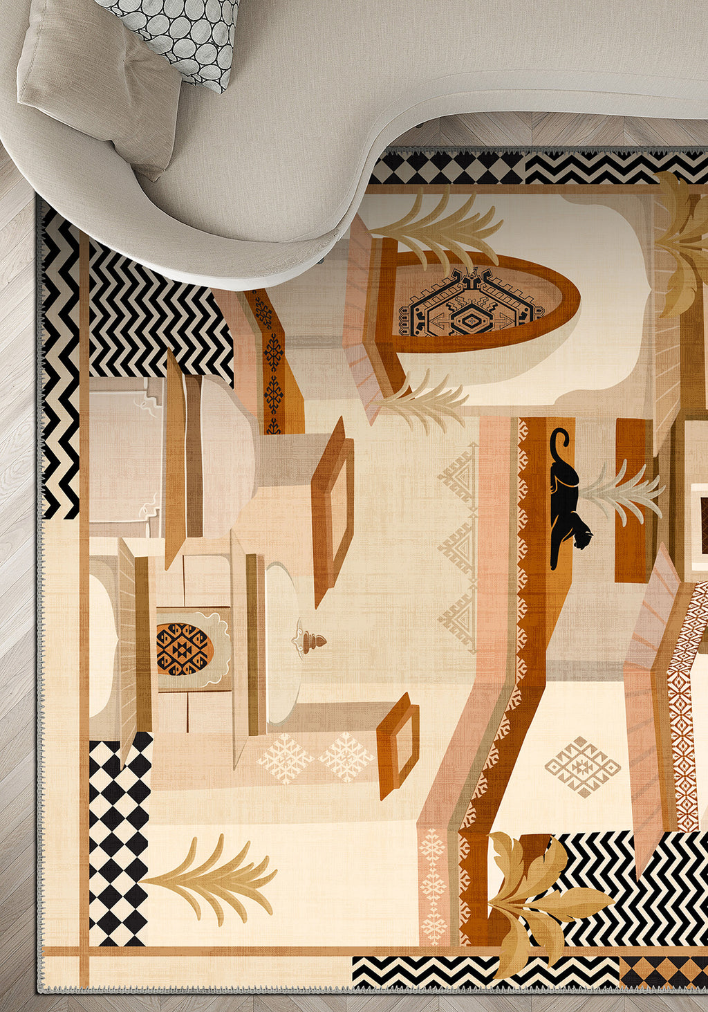 Beige eclectic rug for living room.