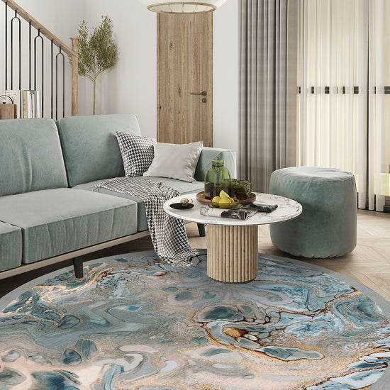 Blue round rug for living room.
