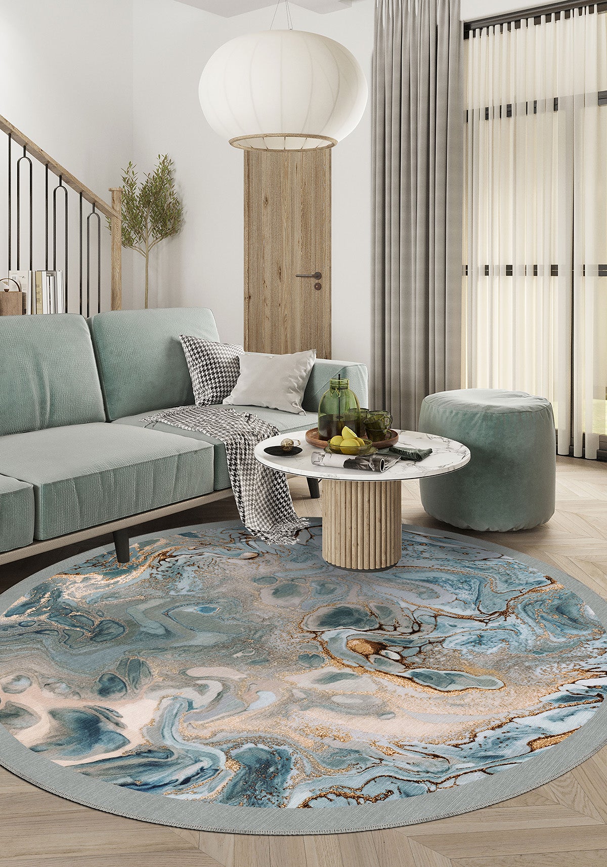 Blue round rug for living room.