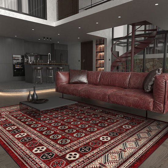 Red Afghan rug for living room.