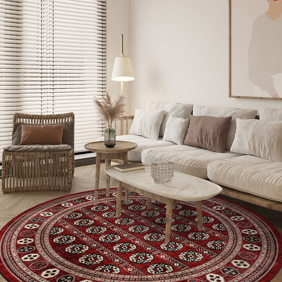 Round bokhara rug for living room.
