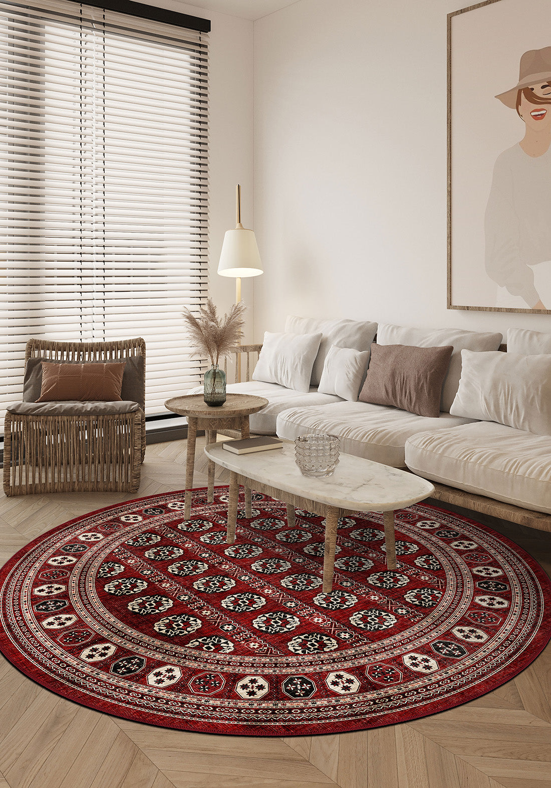 Round bokhara rug for living room.