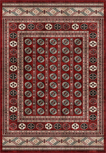Deep red Bokhara rug for living room.