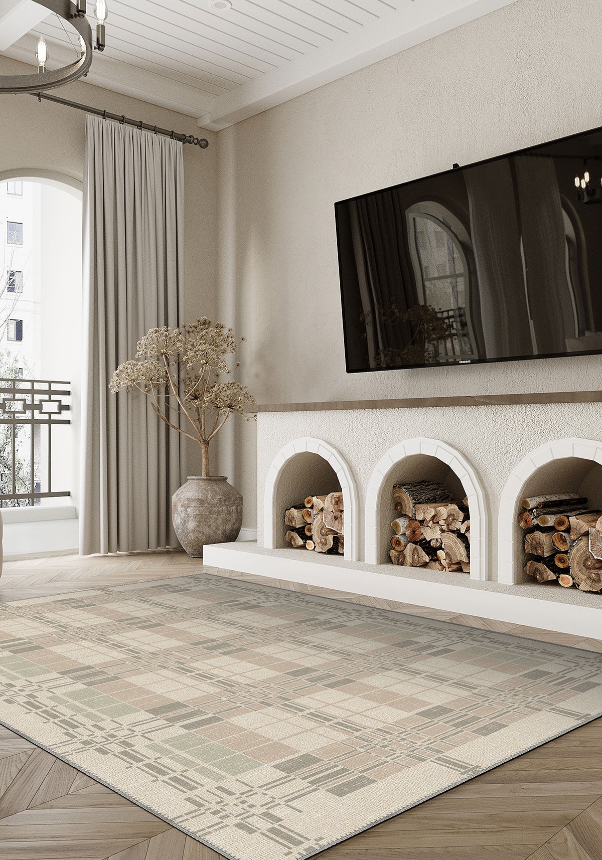 Beige minimalist rug for living room.